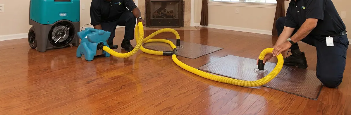 emergency water removal technicians extracting standing water from a home using professional equipment in Peoria, IL