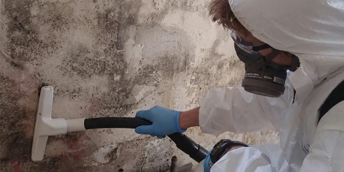 professional mold removal technician wearing protective equipment removing mold from a wall in Peoria, IL