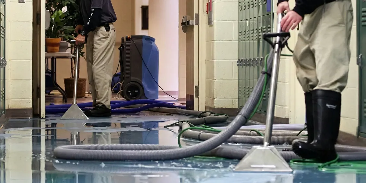 water damage restoration technicians performing professional water extraction inside a property in Peoria, IL
